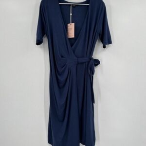 Quince Maternity & Nursing Navy Blue Tencel Jersey Wrap Dress sz S Short Sleeve